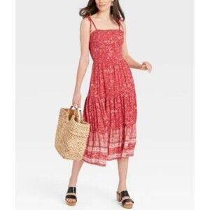 Knox Rose Paisley Smocked Tiered Dress Floral Red Ruffle Tie Straps Stretch Sz L